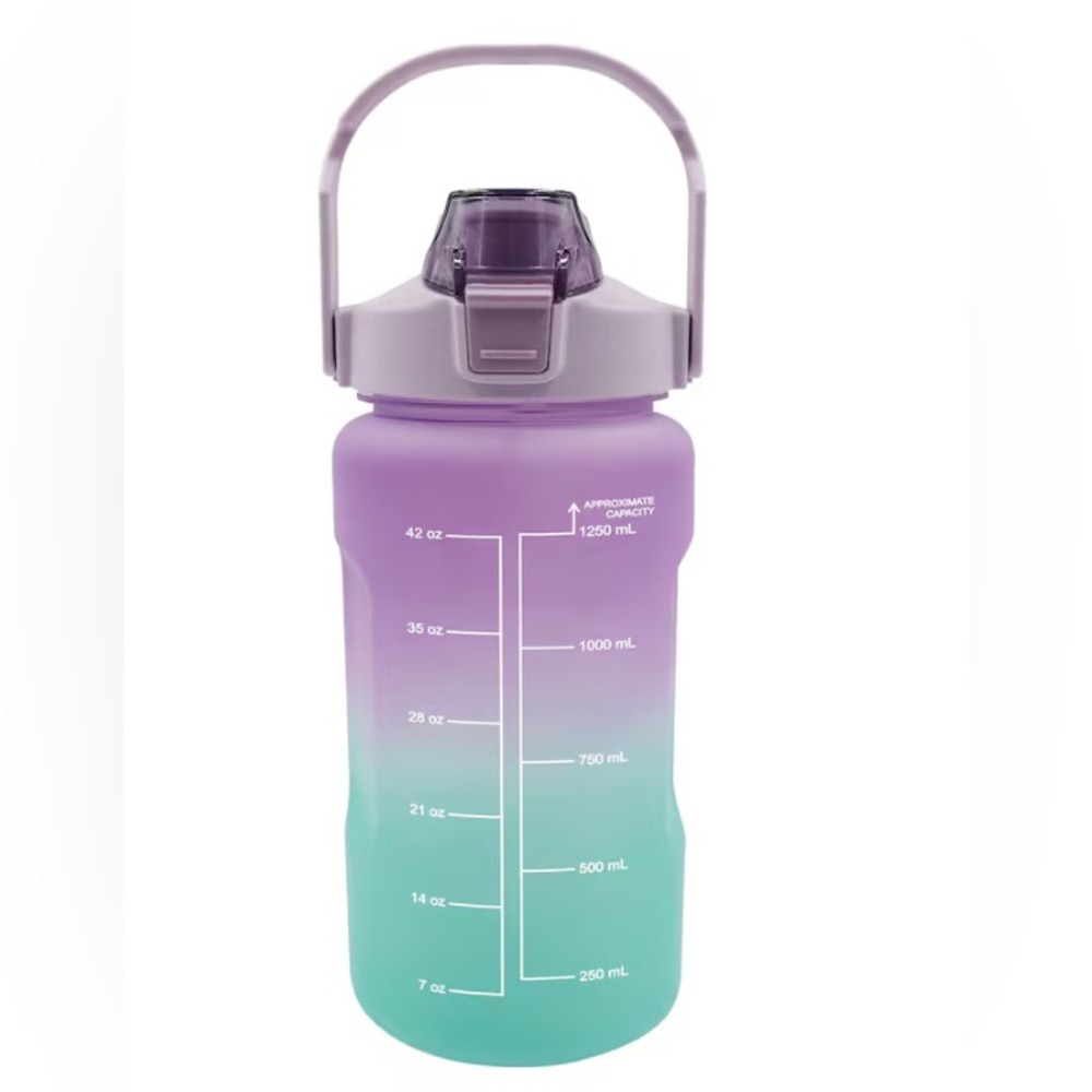 Water Bottle Ombre Purple/Green w-Hydration Measurements & Flip-Top Lids, 42oz